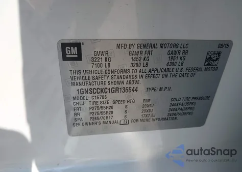 2016 Chevrolet Tahoe Ltz z USA, uszkodzony, nr VIN 1GNSCCKC1GR136644